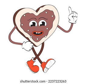 Groovy Gingerbread heart vector in retro, y2k style. Santa decoration with gingerbread,  . Holly jolly gift. New Year 30s, 40s, 50s greeting characters.