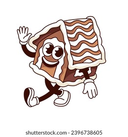 Groovy Gingerbread ilustración vectorial del personaje de la casa. Caricatura retro aislado Navidad pegatina de comida dulce del pastel de jengibre con dulces y decoración de hielo, feliz mascota de Navidad caminando y saludando