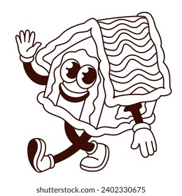 Groovy Gingerbread ilustración vectorial del personaje de la casa. Caricatura monocroma retro Navidad pegatina de comida dulce de jengibre de casa con dulces y decoración de hielo, feliz mascota de Navidad caminando y saludando