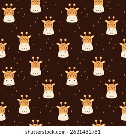 Groovy giraffe face seamless pattern. Cute retro animal face pattern. Adorable hand drawn vector design in flat cartoon style for kids prints