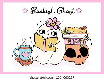 Groovy Girl Bookish Ghost Reading Book Trendy Retro Halloween Cartoon Doodle with Cozy Fall Vibes