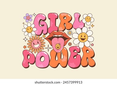 Groovy girl power quote or typography in hippie style features vibrant, flowing font adorned with flowers and mouth with psychedelic drugk sticker on tongue. Vector free-spirited phrase in style 1960s