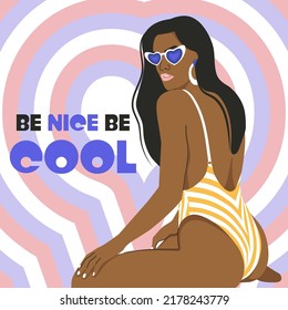Groovy Girl in a Swimsuit on geometric background. Female Retro character. Glamorous vector illustration Y2k.