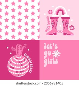 Groovy Girly square carts set with Cowgirl Boots, disco ball and Retro Lettering Text for rodeo party on a pink background. 60s flat Vector hand drawn Illustration