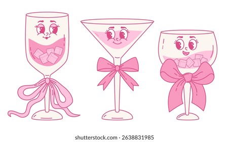 Groovy Glass Cocktail Coquette Character with Vintage Pink Ribbon Bow set. Isolated Aesthetic Romantic Drink Alcoholic and Non-Alcoholic. Girly Vibe. Vector illustration in Trendy 70s, 80s style
