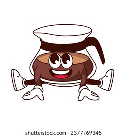 Groovy glass coffee pot character vector illustration. Cartoon isolated retro funny sticker of cute coffeepot container with arms and legs sitting, hot coffee maker mascot with smile on funky face