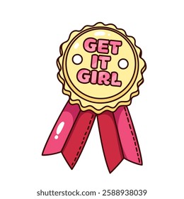 Groovy gold cartoon seal award with pink ribbon and Get it girl text. Funny retro stamp of girls empowerment. Feminism mascot, cartoon girly slogan sticker of 70s 80s style vector illustration