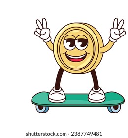 Groovy gold coin character on green skateboard vector illustration. Cartoon isolated retro psychedelic money emoji skateboarding, funky mascot with skateboard, gesture of victory, arms and legs