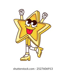 Groovy gold star cartoon character with tongue hanging out. Funny retro happy golden award for winner of game, quiz. Success mascot, cartoon ranking star sticker of 70s 80s style vector illustration