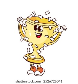 Personaje de dibujos animados de copa dorada con confeti que cae. Divertido trofeo de campeonato de oro feliz retro para el ganador. Mascota de la victoria, etiqueta engomada de la taza del premio de la historieta de la Ilustración vectorial del estilo de los años 70 80