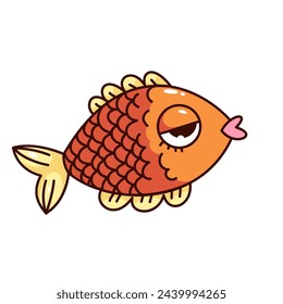 Groovy golden fish cartoon character with tired expression. Funny retro bored goldfish with fins and tail, tiredness and fatigue mascot, cartoon sea fish sticker of 70s 80s style vector illustration