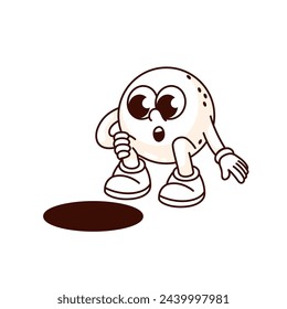 Groovy golf ball cartoon character sitting by circle hole. Funny retro ball with surprise expression, inaccurate hit and failure mascot, cartoon mistake sticker of 70s 80s style vector illustration