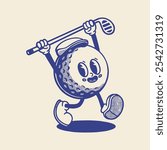 Groovy golf sport ball character in retro cartoon. Mascot, vector, icon, colection, sticker, vintage, illustration, set, funny, logo, comic, vintage, line art, logo