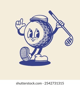 Groovy golf sport ball character in retro cartoon. Mascot, vector, icon, colection, sticker, vintage, illustration, set, funny, logo, comic, vintage, line art, logo