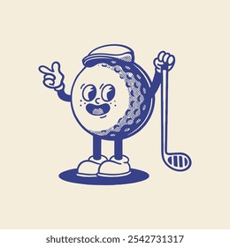 Personagem de bola de esporte de golfe Groovy em desenho animado retrô. Mascote, vetor, ícone, coleção, adesivo, vintage, ilustração, conjunto, engraçado, logotipo, quadrinhos, vintage, arte em linha, logotipo