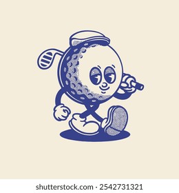 Groovy golf sport ball character in retro cartoon. Mascot, vector, icon, colection, sticker, vintage, illustration, set, funny, logo, comic, vintage, line art, logo