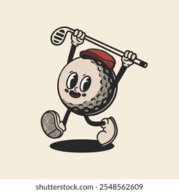 Personagem de bola de esporte de golfe Groovy em desenho animado retrô. Mascote, vetor, ícone, coleção, adesivo, vintage, ilustração, conjunto, engraçado, logotipo, quadrinhos