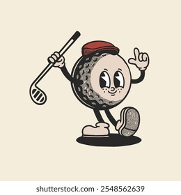 Personaje de pelota deportiva de golf Groovy en dibujos animados retro. Mascota, Vector, icono, colección, pegatina, vintage, ilustración, conjunto, divertido, logotipo, cómic