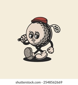 Groovy golf sport ball character in retro cartoon. Mascot, vector, icon, colection, sticker, vintage, illustration, set, funny, logo, comic