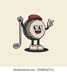 Groovy golf sport ball character in retro cartoon. Mascot, vector, icon, colection, sticker, vintage, illustration, set, funny, logo, comic