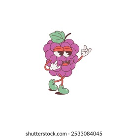 Groovy grape fruit character. A cheerful cluster of ripe grapes wearing retro sneakers and gloves, dancing with a smile and playful pointing gesture. Quirky vibes in this isolated vector illustration
