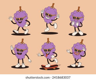 Groovy grape mascot in different poses. Funky retro character. Set of cartoon grapes, smiling, walking, on skateboard, showing heart with hands.