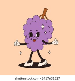 Groovy grape mascot. Funky retro character. cartoon grape, smiling, walking. Funny vintage trendy style character. Doodle Comic collection