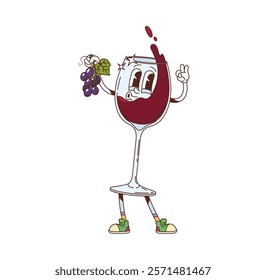 Groovy grape red wine glass funny character. Winery farm grape harvest, burgundy red wine cartoon vector cute character. Merlot or bordeaux alcohol drink glass personage holding bunch of grapes