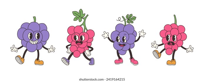 Groovy grape set. Hand draw Funny Retro vintage trendy style apple cartoon character. Doodle Comic collection