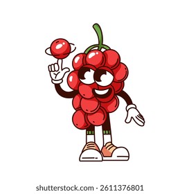 Groovy grapes bunch cartoon character spinning berry ball on finger. Funny retro cute personage with happy smile. Fruit mascot, cartoon quirky berry sticker of 70s 80s style vector illustration