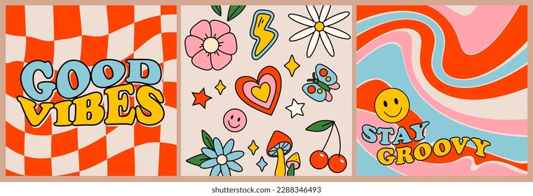 Afiches de diseño gráfico de Groovy. Ilustración vectorial retro inspirada en los años 70 con elementos colorantes psicodélicos. Diseño hippie vintage de buena vibración. Cartas de dibujos animados floridos montadas en estilo groovy.