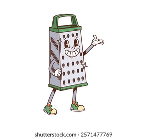 Groovy grater retro cartoon character of kitchenware and utensil, vector comic emoji. Groovy grater with funky smile on happy face and cute laughing for kitchenware or cooking utensil character