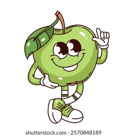 Groovy green apple cartoon character standing in confident pose. Funny retro cute smile and finger pointing up of apple personage. Fruit mascot, cartoon sticker of 70s 80s style vector illustration