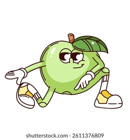 Groovy green apple cartoon character with leaf dancing in funky pose. Funny retro dance of fruit dancer. Disco party, music mascot, cartoon happy apple sticker of 70s 80s style vector illustration