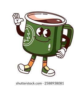 Groovy green enamel mug cartoon character waving to say Hello. Funny retro metal coffee cup greeting. Camping, picnic mascot, cartoon stainless steel mug sticker of 70s 80s style vector illustration