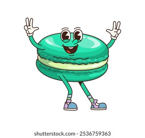 Groovy green macaroon character. Cartoon vector macaron expressing joy and excitement. Sweet treat personage stands with arms raised, showcasing playful eyes and big smile for themes of fun and sweets