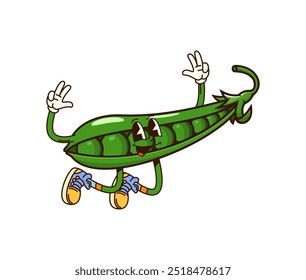 Groovy green pea vegetable character cheerfully jumping, displaying juicy grains inside of the open pod. Isolated cartoon vector playful veg personage wearing sneakers, conveys fun healthy eating vibe