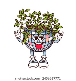 Groovy green plant in disco ball pot cartoon character. Funny retro potted plant with tongue hanging out, home garden mascot, cartoon funky houseplant sticker of 70s 80s style vector illustration