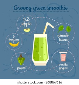 Groovy green smoothie recipe. Menu element for cafe or restaurant with energetic fresh drink. Fresh juice for healthy life.