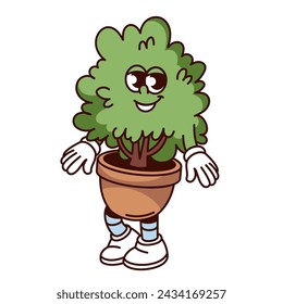 Groovy green tree pot cartoon character with smile. Funny retro clay flowerpot with decorative plant, ornamental home garden mascot, cartoon planter pot sticker of 70s 80s style vector illustration