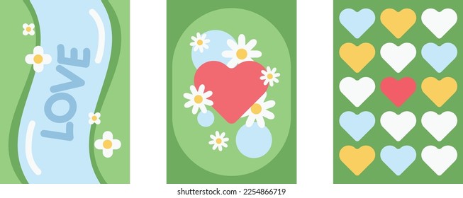 Groovy greeting card for Happy Valentines day. Old school vintage style. 70s 80s retro cartoon posters with hearts and lines. Vector lovely illustration in blue white yellow pink red colors