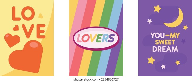 Groovy greeting card for Happy Valentines day. Old school vintage style. 70s 80s retro cartoon posters with hearts and lines. Vector lovely illustration in blue white yellow violet pink red colors