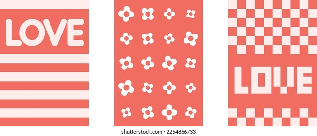 Groovy greeting card for Happy Valentines day. Old school vintage style. 70s 80s pixel retro cartoon posters with hearts and lines. Vector lovely illustration in pink red and white colors with flowers
