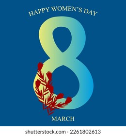 Groovy greeting card with number eight on ukrainian flag color and poppy flowers. Happy women's day concept in retro style. Creative postcard for international woman day. 