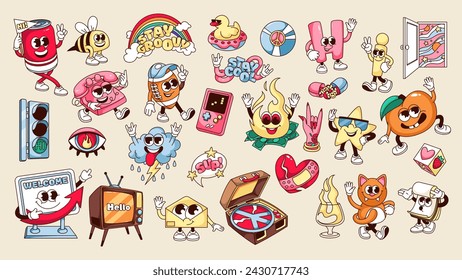 Groovy greeting characters and stickers set vector illustration. Cartoon isolated happy psychedelic cat and peach, funny star and can wave hands with welcome expression and smile, hippie gestures