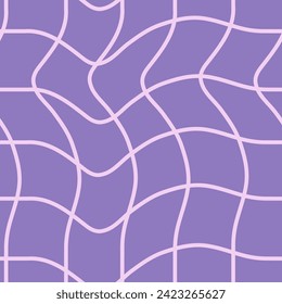 Groovy grid purple seamless pattern. Curvy swirl background with gingham checkered texture. Modern vaporwave. Optical illusion. Repeat vector illustration