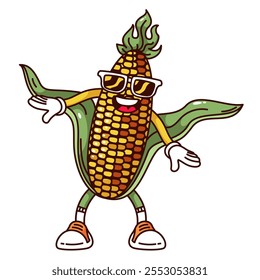 Groovy grilled corn cartoon character with happy smile and hippie sunglasses. Funny retro corn with leaves waving in air. BBQ party mascot, cartoon barbecue food sticker of 70s 80s vector illustration