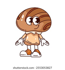 Groovy grelhou personagem de desenho animado de cogumelos de pé com sorriso. Engraçado cogumelo marrom retro com tiras de grelha em boné e tênis. Mascote para churrasco, adesivo de alimentos saudáveis de desenhos animados da ilustração vetorial dos anos 70 e 80