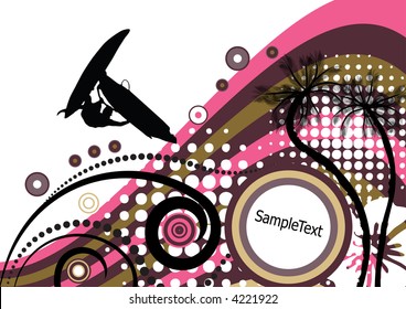 groovy grunge vector tropical design with windsurfer in the air