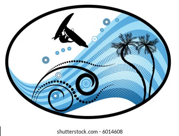 groovy grunge vector tropical design with windsurfer in the air